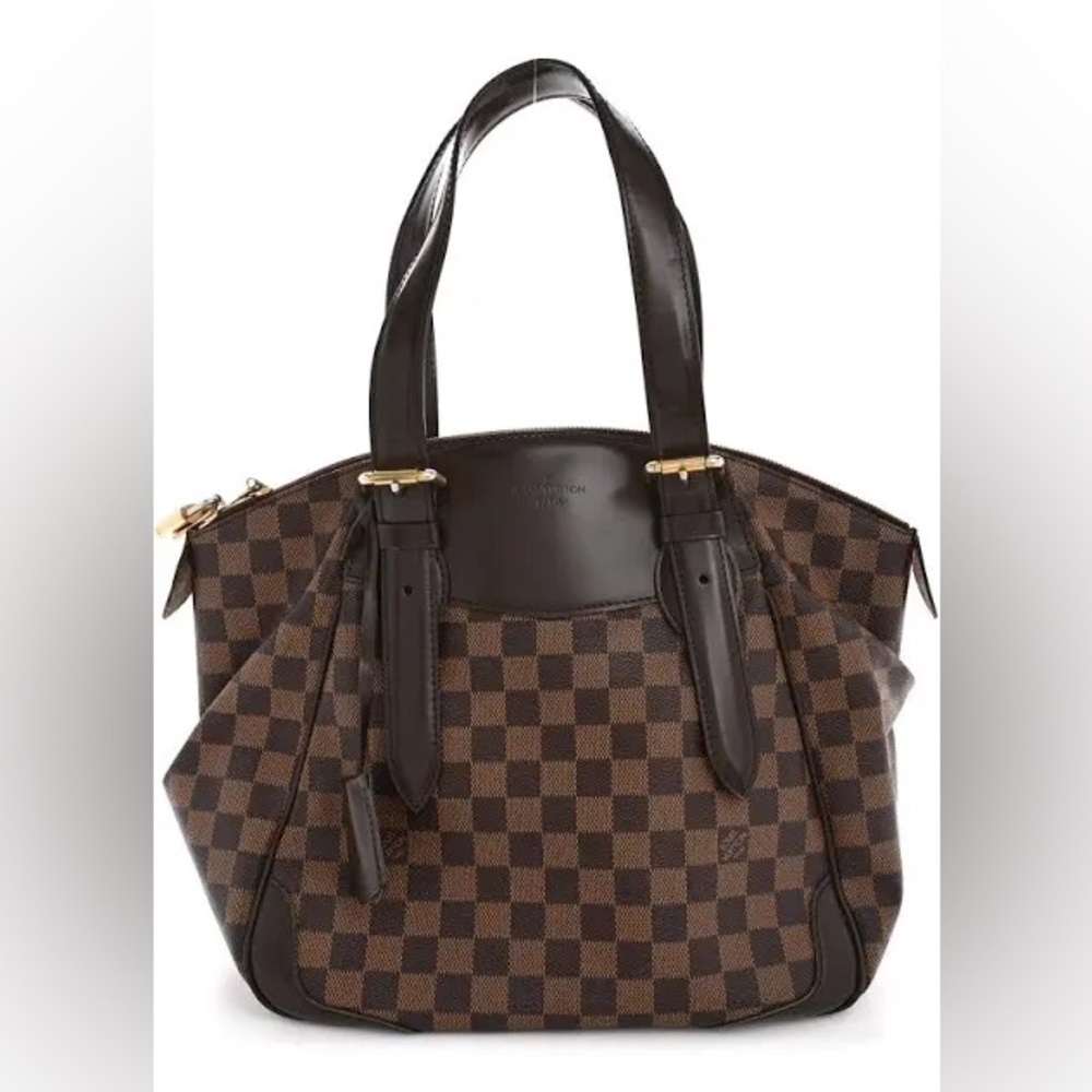 Louis Vuitton Brown Damier Ebene Shoulder Tote with Dark Leather Trim